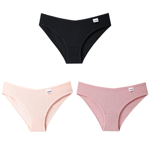 3PCS/Set Panties Striped Underwear Solid Color Briefs Low-Rise Soft Panty Underpants Female Lingerie