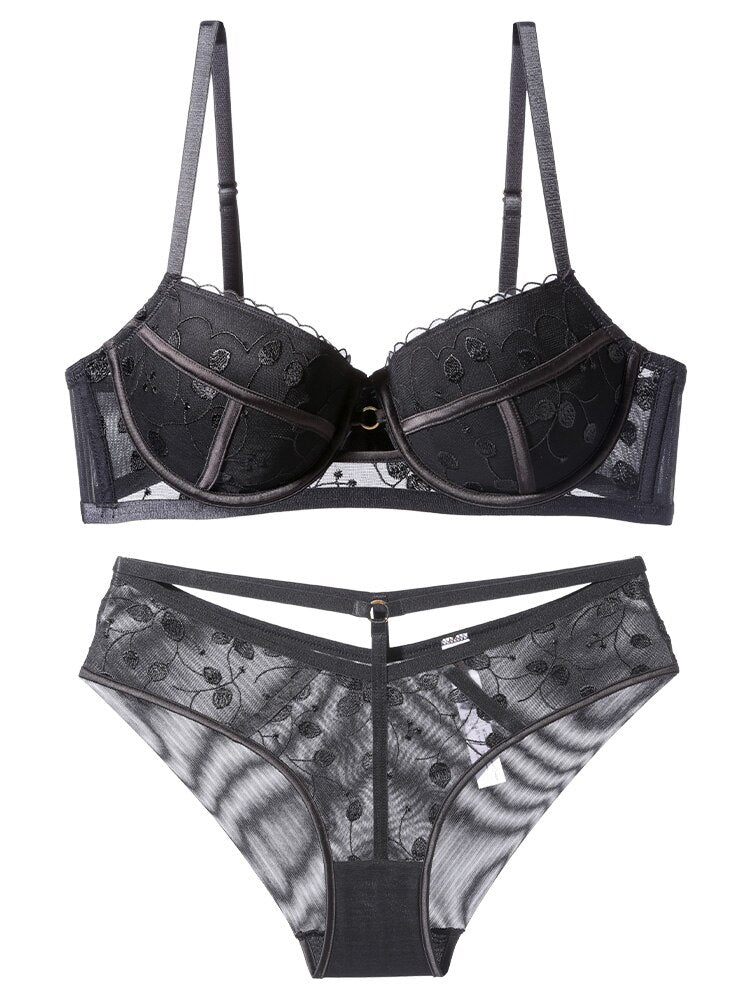 Stickerei Spitzen-BH-Set Dessous Push-Up-Büstenhalter Aushöhlen Unterwäsche-Set Transparente Höschen Unterwäsche