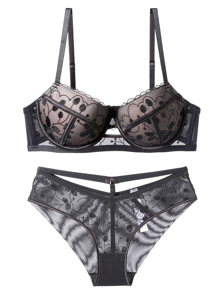 Stickerei Spitzen-BH-Set Dessous Push-Up-Büstenhalter Aushöhlen Unterwäsche-Set Transparente Höschen Unterwäsche