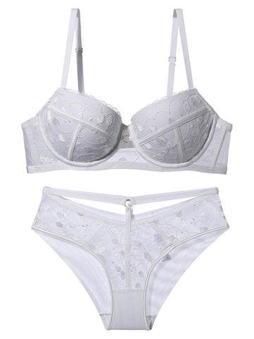 Stickerei Spitzen-BH-Set Dessous Push-Up-Büstenhalter Aushöhlen Unterwäsche-Set Transparente Höschen Unterwäsche