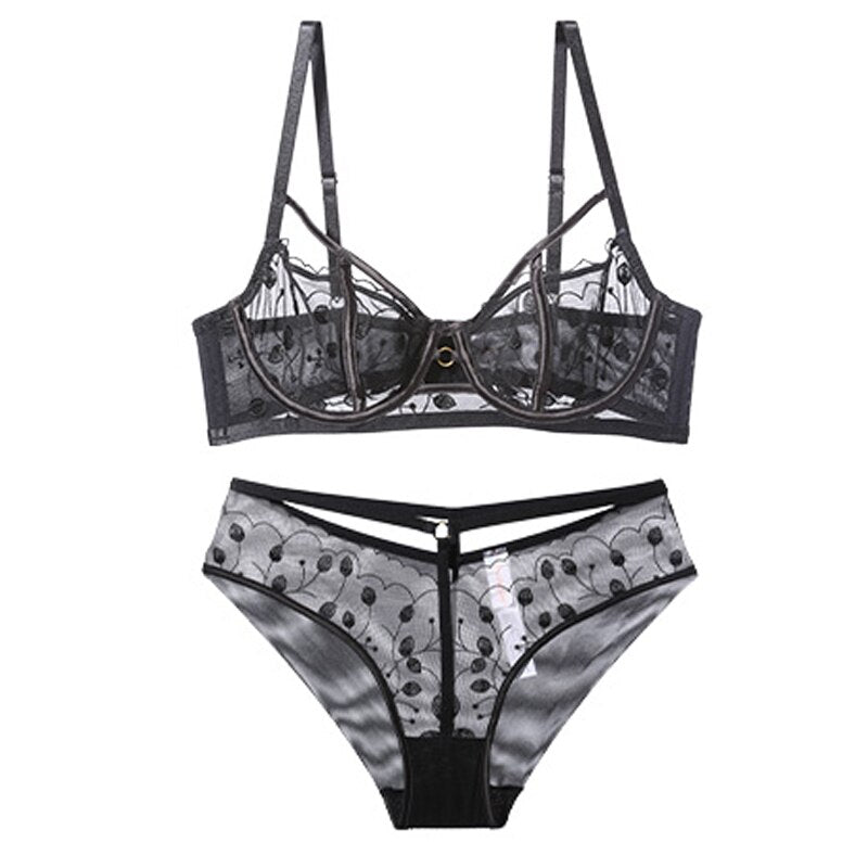 Stickerei Spitzen-BH-Set Dessous Push-Up-Büstenhalter Aushöhlen Unterwäsche-Set Transparente Höschen Unterwäsche