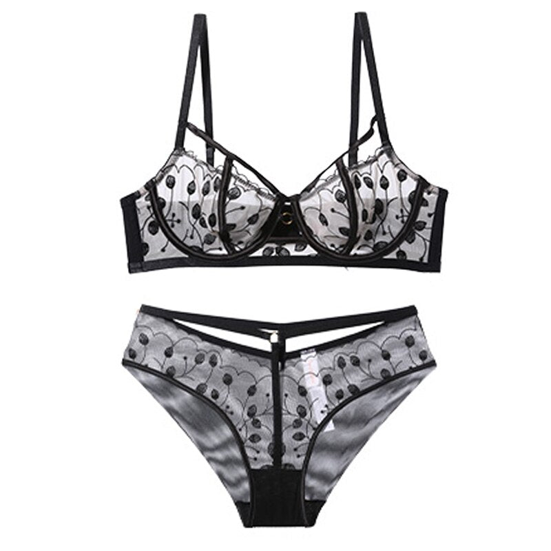 Stickerei Spitzen-BH-Set Dessous Push-Up-Büstenhalter Aushöhlen Unterwäsche-Set Transparente Höschen Unterwäsche