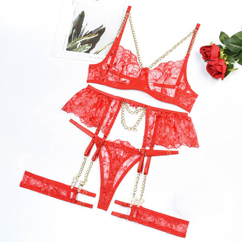 Dessous-Set mit Blumenstickerei, dünn, transparent, Bralette, Spitze, Push-Up-BH, Strumpfbänder, 4-teilig, erotische Unterwäsche