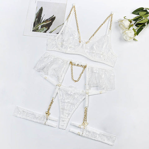 Dessous-Set mit Blumenstickerei, dünn, transparent, Bralette, Spitze, Push-Up-BH, Strumpfbänder, 4-teilig, erotische Unterwäsche