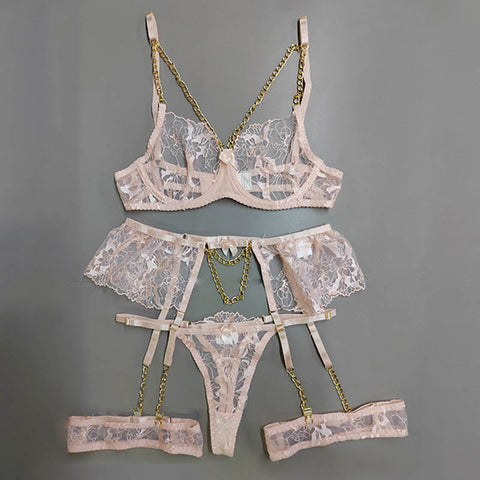 Dessous-Set mit Blumenstickerei, dünn, transparent, Bralette, Spitze, Push-Up-BH, Strumpfbänder, 4-teilig, erotische Unterwäsche