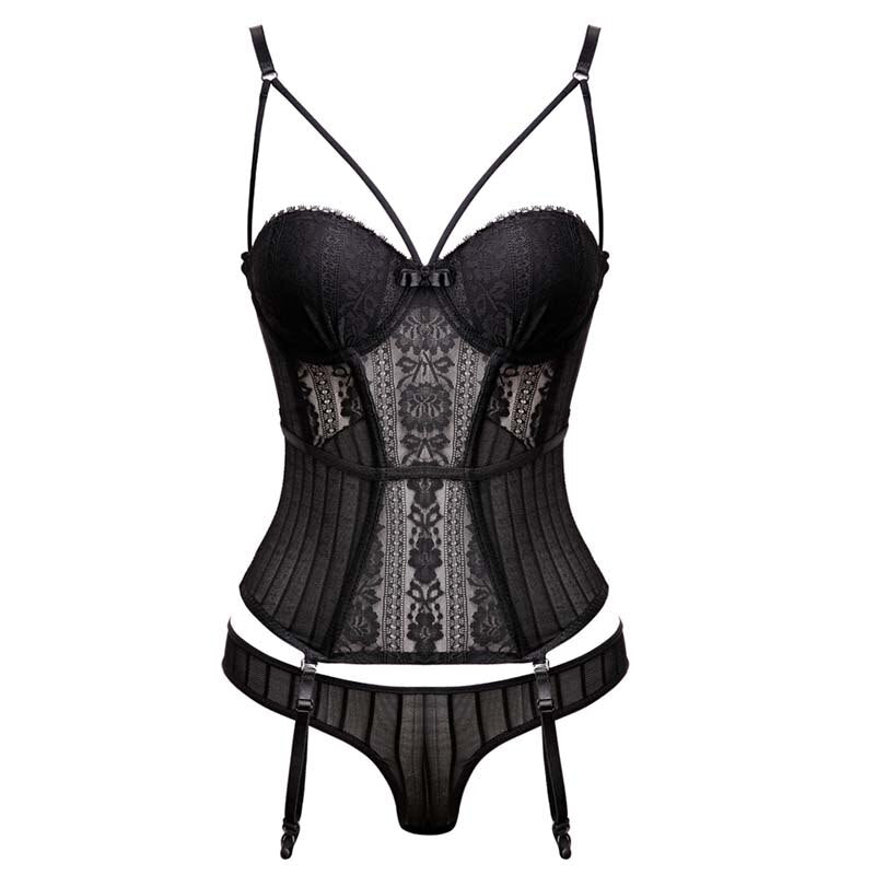 Gothic Korsett Bustier mit Cup Mieder Set mit Trägern Transparente Unterwäsche Dessous Korsetts mit G-String