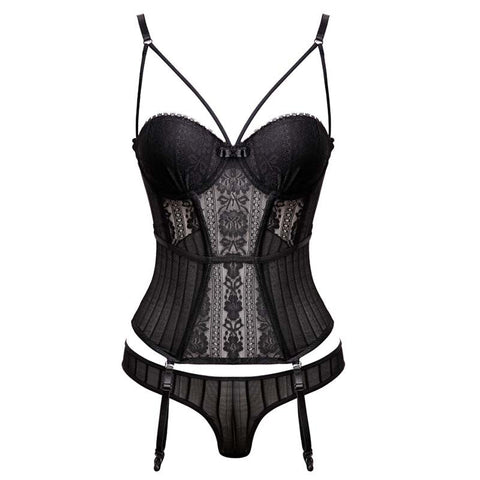 Gothic Corset Bustier With Cup Girdle Set With Straps Transparent Underwear Lingerie Corsets With G-String