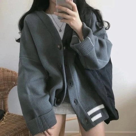 Korean Style V-Neck Loose Fit Cardigan Sweaters