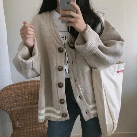 Korean Style V-Neck Loose Fit Cardigan Sweaters