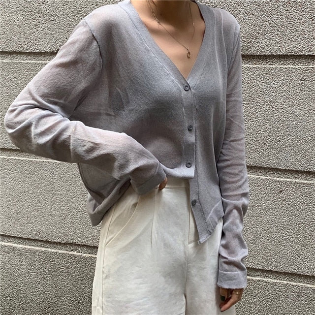 Thin Ice Silk V-Neck Long Sleeve Cardigan