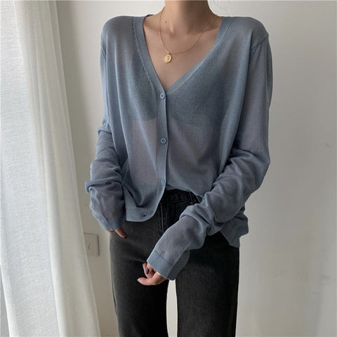 Thin Ice Silk V-Neck Long Sleeve Cardigan