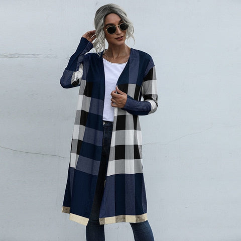 Plaid Unbuttoned Straight Long Cardigan