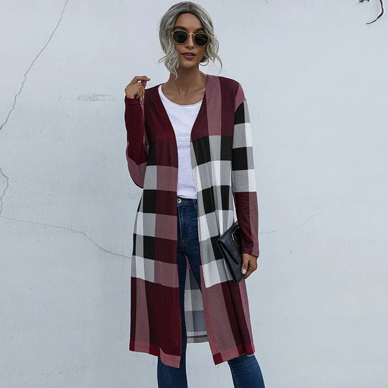 Plaid Unbuttoned Straight Long Cardigan