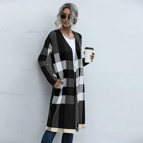 Plaid Unbuttoned Straight Long Cardigan