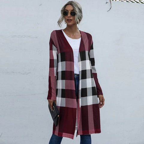 Plaid Unbuttoned Straight Long Cardigan