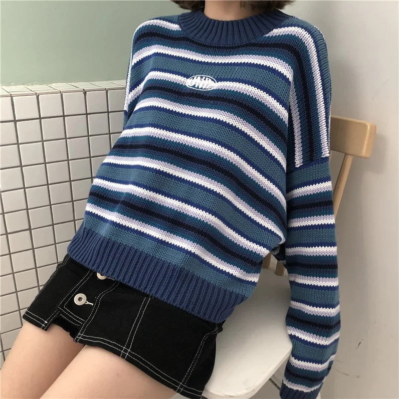 White Striped Mock Neck Cropped Pullovers Sweaters