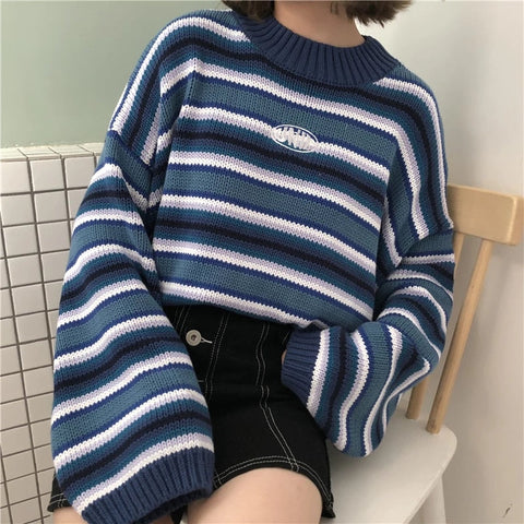 White Striped Mock Neck Cropped Pullovers Sweaters