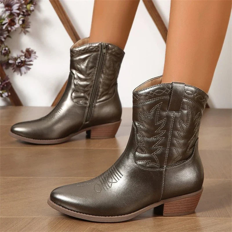 Luxury Silver Design Mid Heel Winter Boots