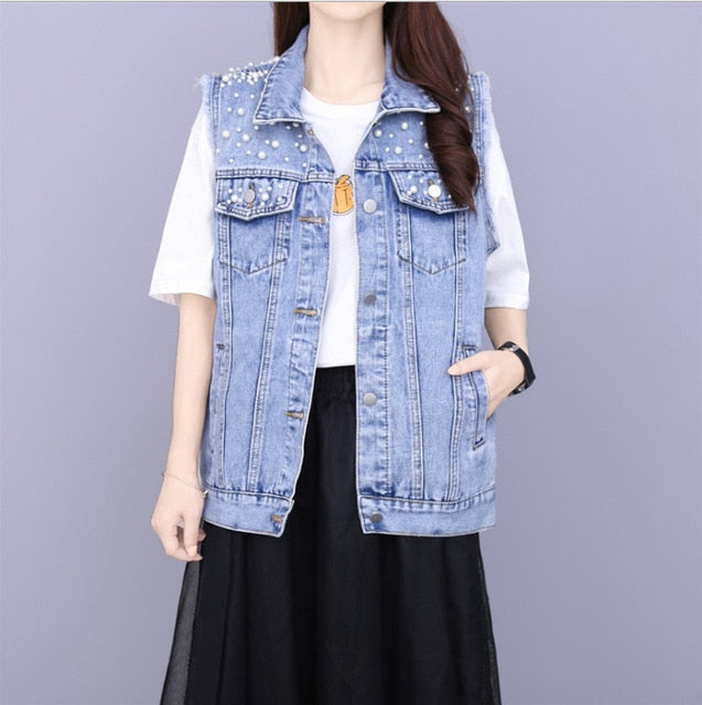 Pearl Beading Design Short Vintage Jean Denim Coats