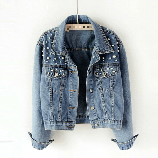 Pearl Beading Design Short Vintage Jean Denim Coats