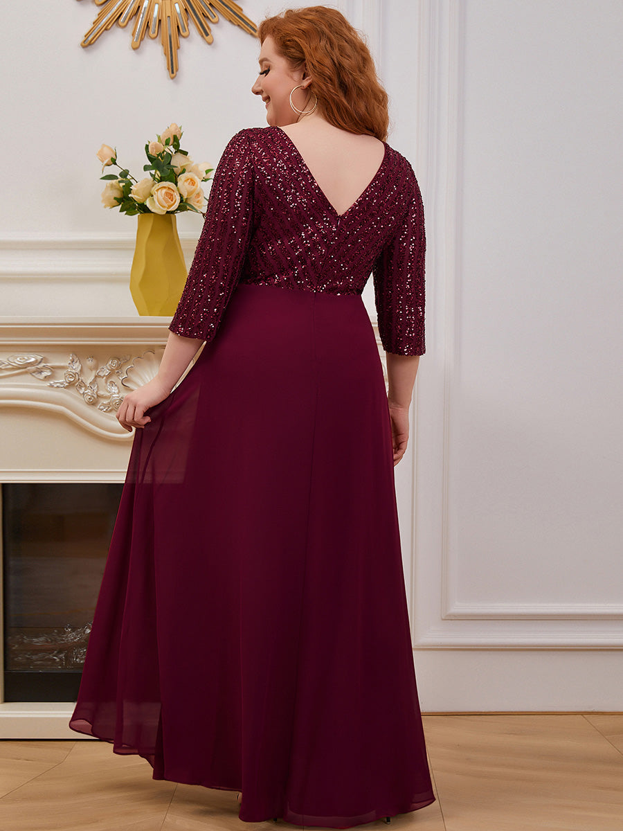 V Neck Long Formal Dress with Sequins - Red