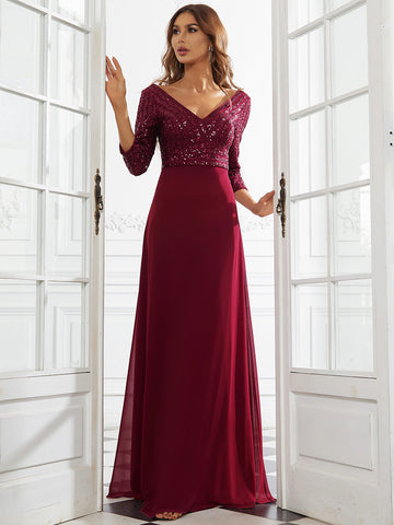 V Neck Long Formal Dress with Sequins - Red