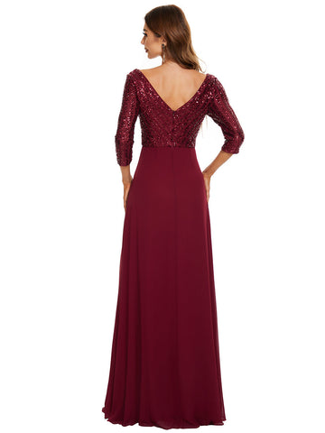 V Neck Long Formal Dress with Sequins - Red