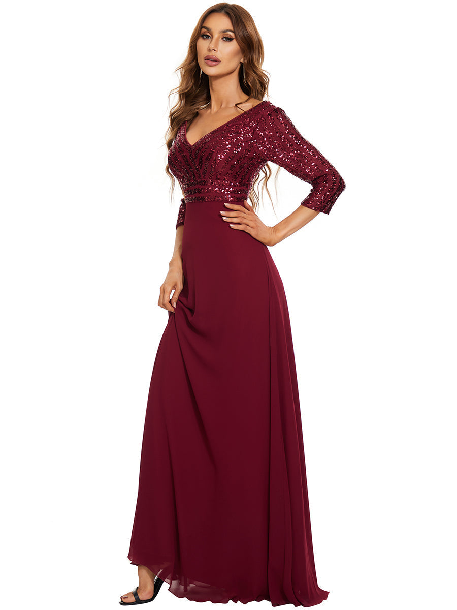 V Neck Long Formal Dress with Sequins - Red