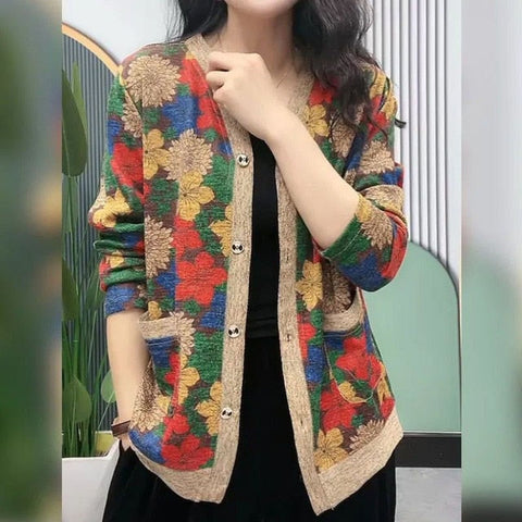 Elegant Flower Pattern Button Fly Autumn Cardigan