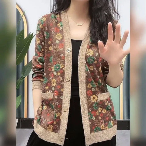 Elegant Flower Pattern Button Fly Autumn Cardigan