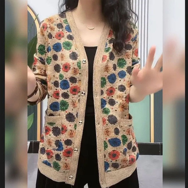 Elegant Flower Pattern Button Fly Autumn Cardigan