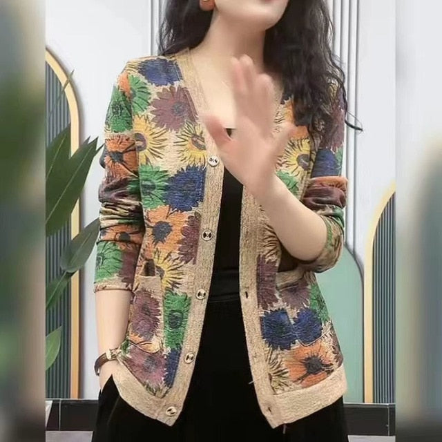 Elegant Flower Pattern Button Fly Autumn Cardigan