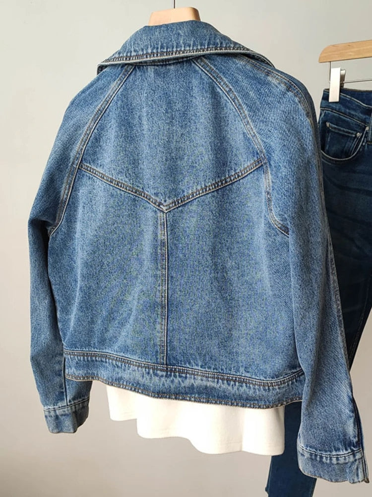 Chic Denim Lapel Collar Short Spring Jacket