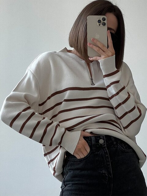 Blue Striped V-Neck Buttoned Autumn Winter Sweater