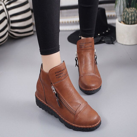 Bottes d'hiver décontractées en cuir avec fermeture éclair à la cheville