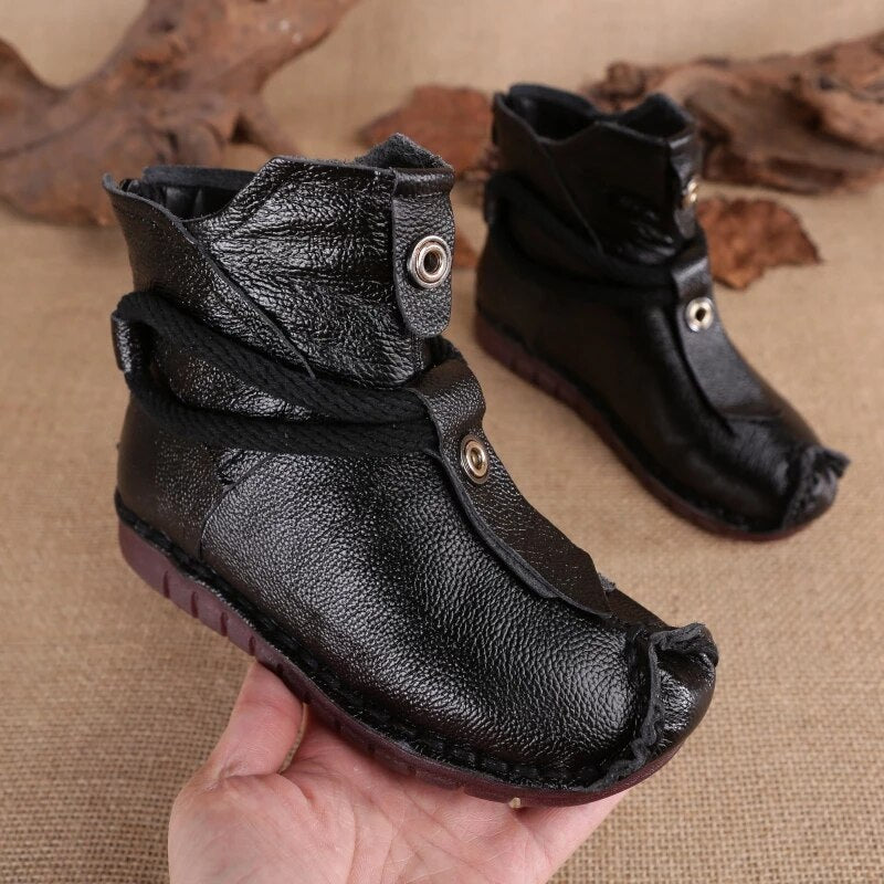 Flat Sole Genuine Leather Winter Ankle Boots