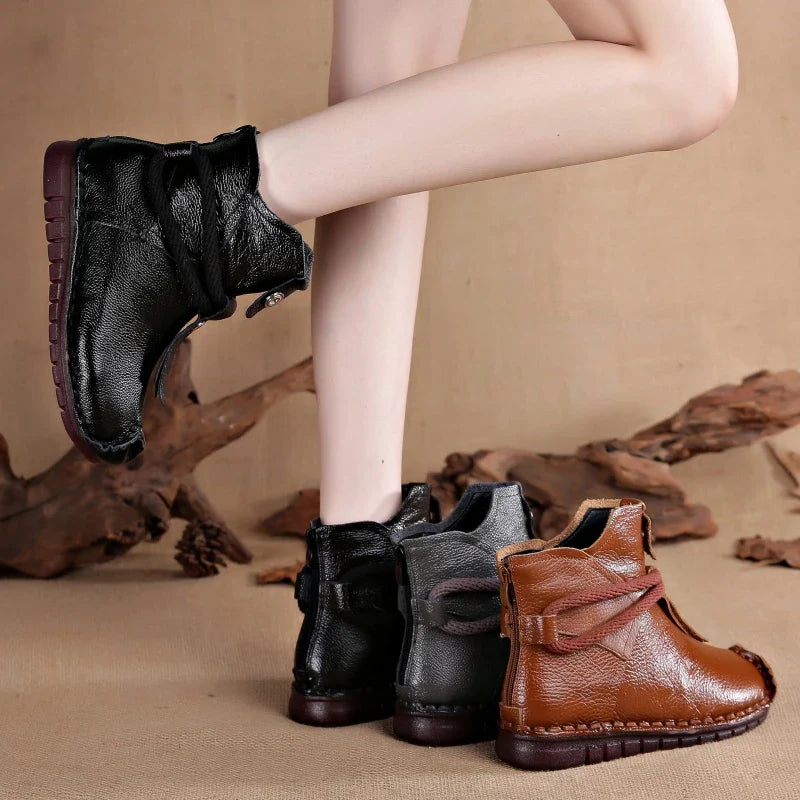 Flat Sole Genuine Leather Winter Ankle Boots