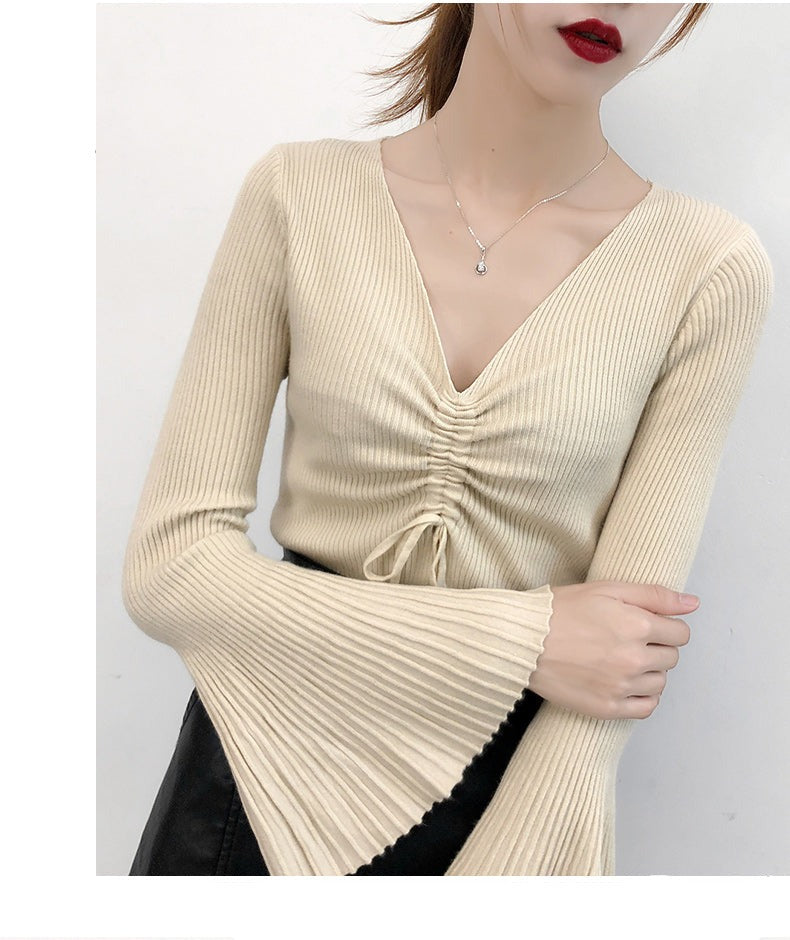 Drawstring V-Neck Thin Sweaters