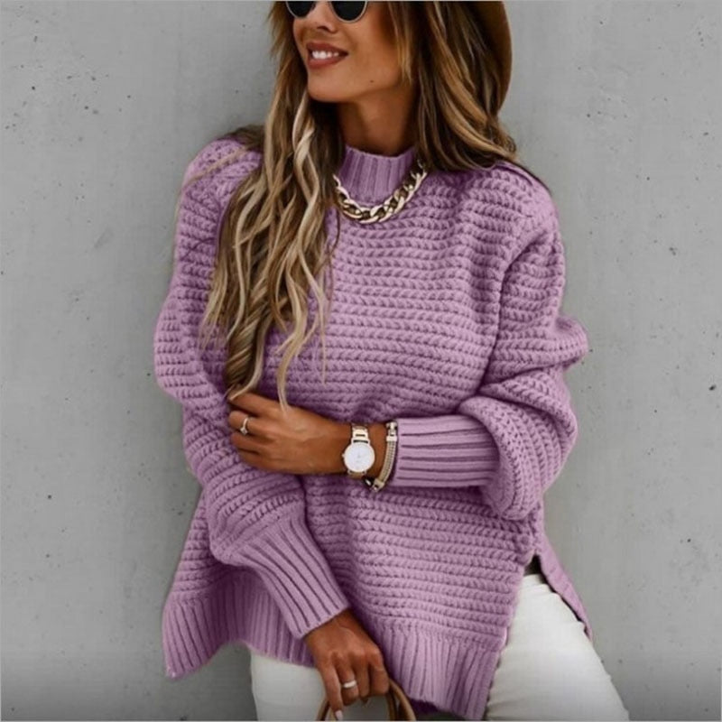 Autumn Winter Mock Neck Batwing Sleeve Knitted Sweater