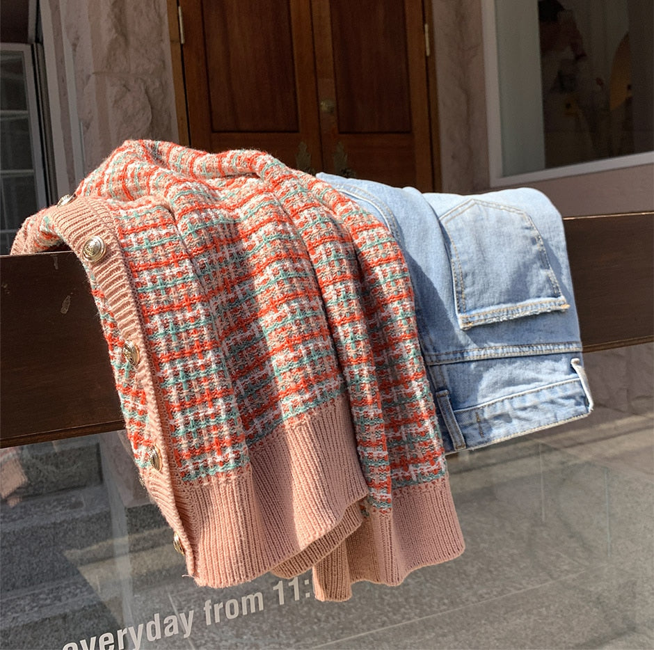 Multi Color Plaid Knitted Winter Clothing Cardigan Sweaters