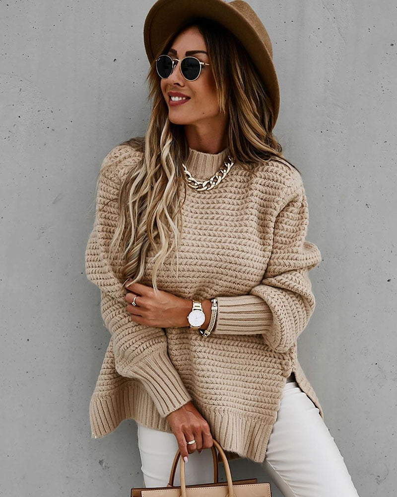 Autumn Winter Mock Neck Batwing Sleeve Knitted Sweater