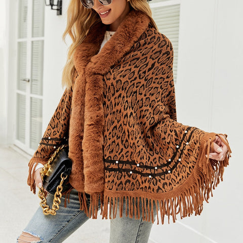 Leopard Color Faux Fur Collar Thick Winter Warm Shawl Jackets