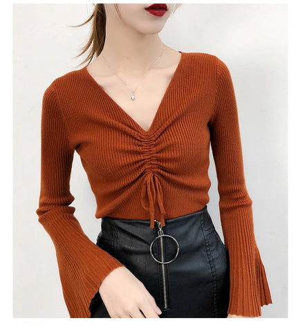 Drawstring V-Neck Thin Sweaters