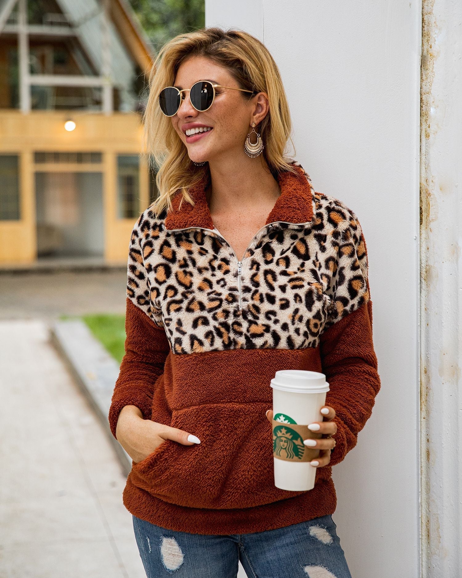 Half Leopard Zipper Sweaters