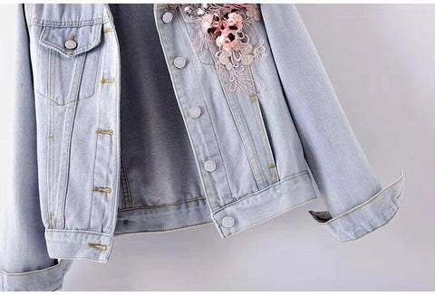 Autumn Floral Emroidery Long Sleeve Jean Denim Coats