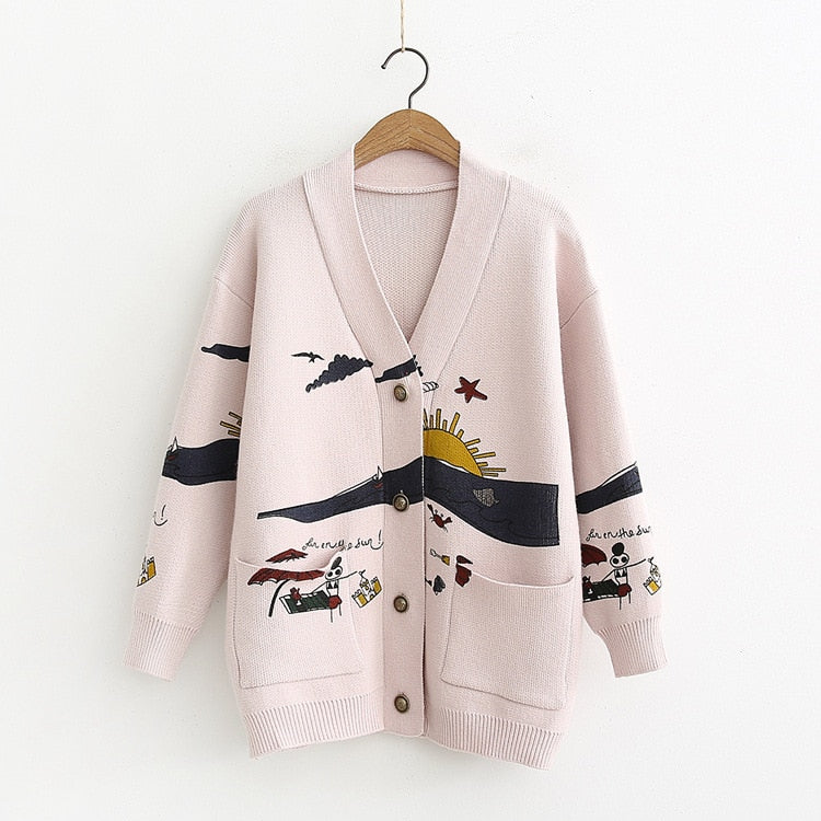 Japanese Style Nature Embroidery Cardigan Sweater