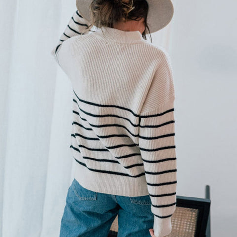 Zipper V-Neck Striped Pattern Autumn Winter Sweater