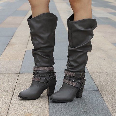 Buckle Design Square Mid Heel Knee High Boots