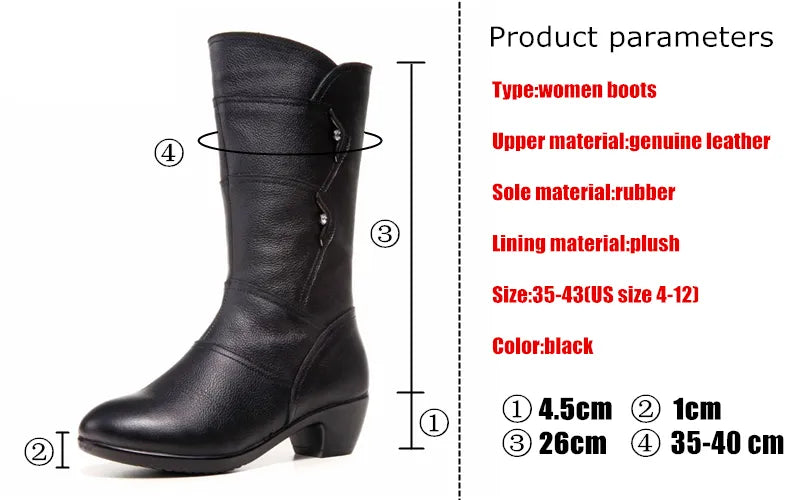 Genuine Leather High Quality Warm Plush Inside Mid Calf Boots