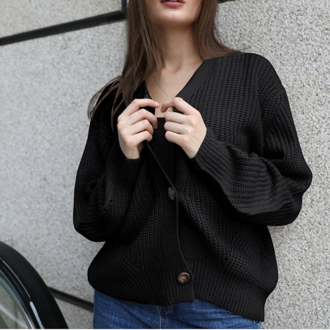 Deep V-Neck Knitted Cardigan Sweater